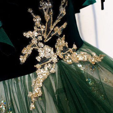 A line Spaghetti Straps Green Sequin Lace Prom Dresses HZ1023